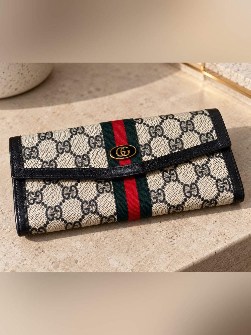 Vintage Gucci GG Monogram Web Stripe Continental Clutch Wallet Navy Red
